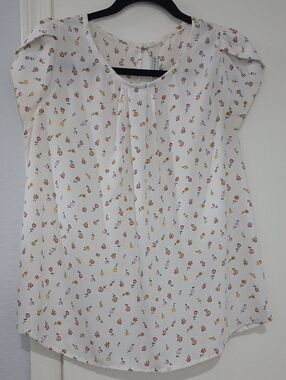 Haute Monde Women’s White Floral Cap-Sleeve Blouse Size L